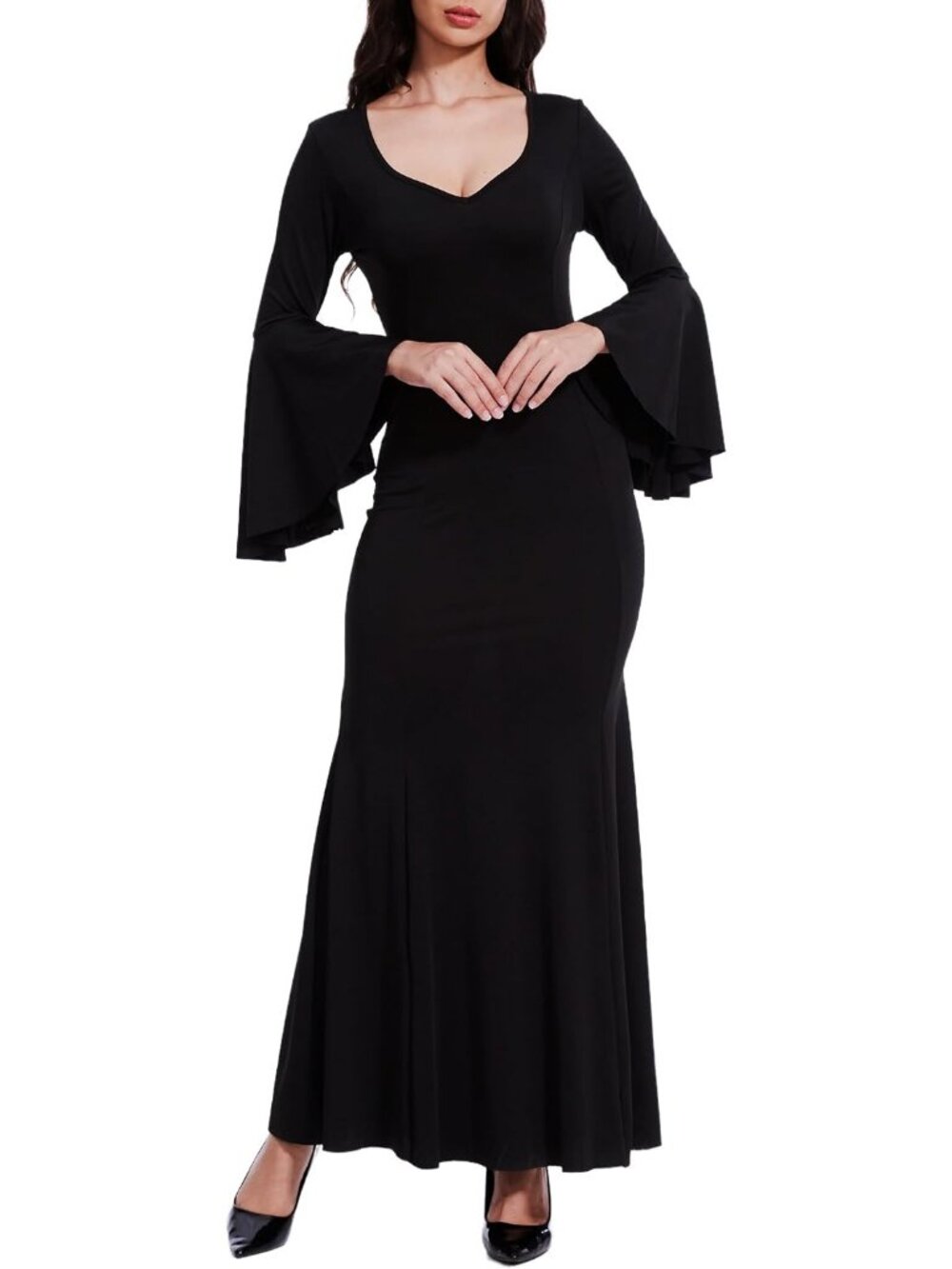 Women's Black Witch Vampire Maxi Dress V-Neck Bell Sleeve Halloween Costume